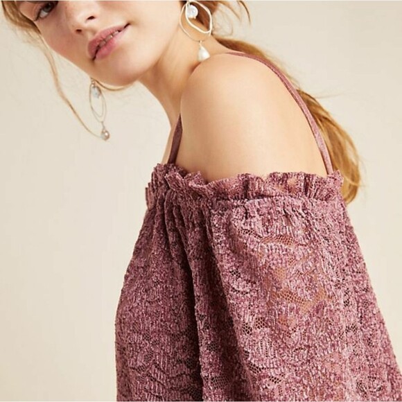 Anthropologie Eri + Ali Lace Off Shoulder Textured Lace Embroidered Top Small - Picture 2 of 11